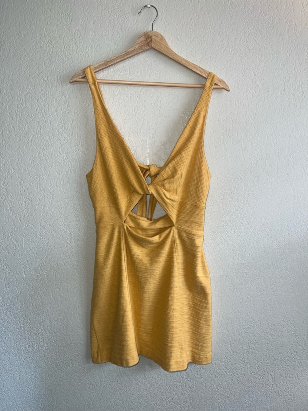 Free People Yellow Gold Mustard Cutout Tie Back Mini Dress Textured Knit